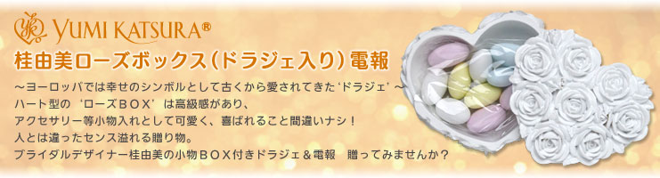 〜〜ヨーロッパでは幸せのシンボルとして古くから愛されてきた‘ドラジェ’〜〜 ハート型の‘ローズBOX’は高級感があり、アクセサリー等小物入れとして可愛く、喜ばれること間違いナシ! 人とは違ったセンス溢れる贈り物。 ブライダルデザイナー桂由美の小物BOX付きドラジェ&電報 贈ってみませんか?
