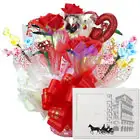 >キャンディーブーケ電報　ハートバスケット（レッド）◆ブライダルベア　ストラップ付　台紙：YUMI KATSURA ディパーチュアーホワイト