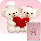 ぬいぐるみ電報ハートフルベア（ペア）◆Ｍサイズ◆　台紙：ロイヤルローズピンク