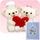 ぬいぐるみ電報　ハートフルベア（ペア）◆Ｍサイズ◆　台紙：ロイヤルローズブルー