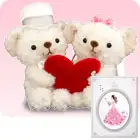 ぬいぐるみ電報　ハートフルベア（ペア）◆Mサイズ◆　台紙：アートセレクション ラインストーン　スウィートウェディング